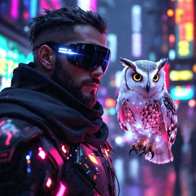 The primary subject of the image is a man wearing a futuristic outfit, including a hood and a mask. He is standing in a city street, surrounded by a vibrant and colorful environment. The setting includes a backdrop of a cityscape with various buildings and lights. The visual style of the image is a combination of photo and digital art, creating a unique and captivating scene. The colors and mood of the image are predominantly bright and energetic, reflecting the lively atmosphere